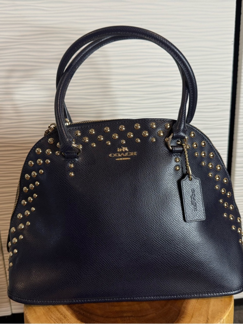 Coach Black Leather Dome Satchel with Gold Studs. Medium size purse